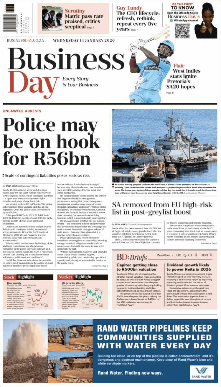 Portada de Business Day (Sud&aacute;frica)