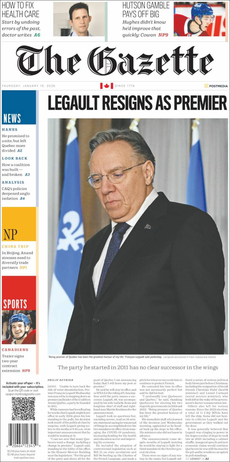 Portada de The Gazette (Canad&aacute;)