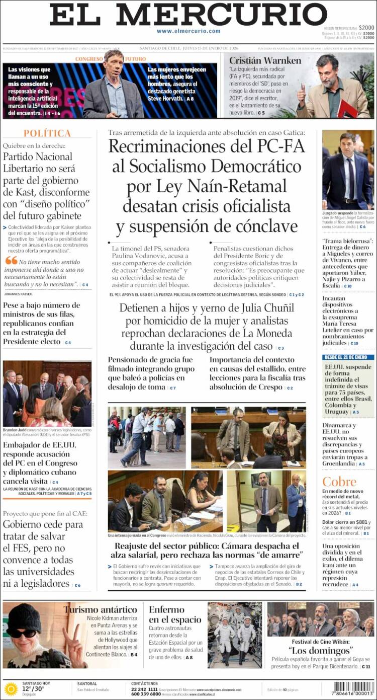 Portada de El Mercurio (Chile)