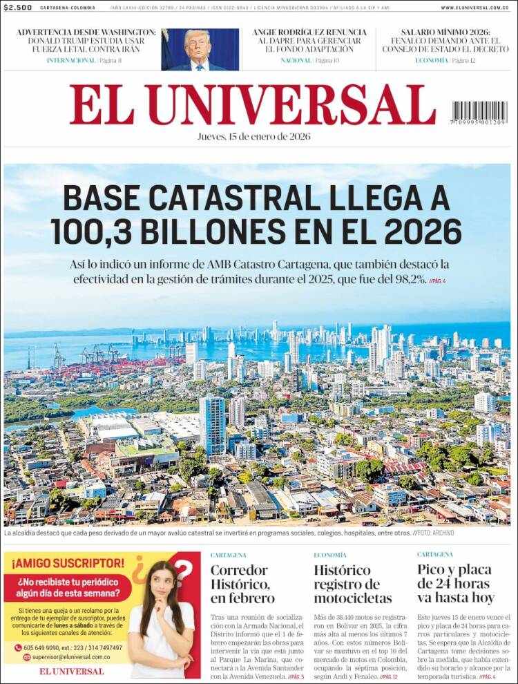 Portada de El Universal (Colombia)