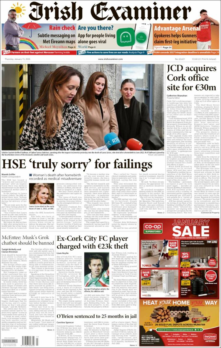 Portada de Irish Examiner (Irlanda)