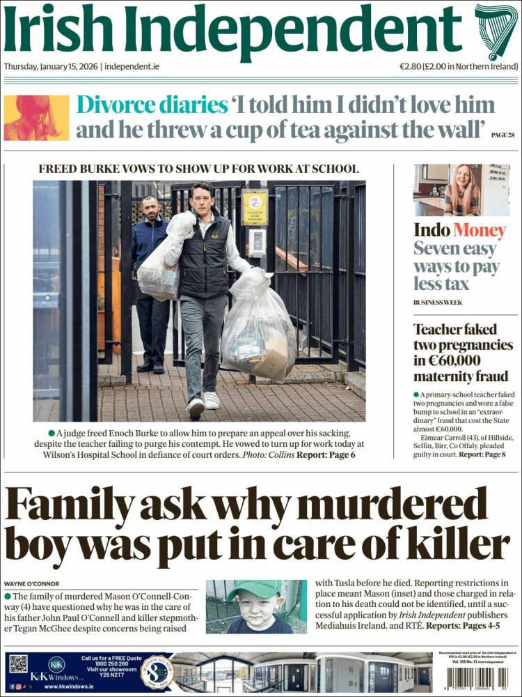 Portada de Irish Independent (Irlanda)