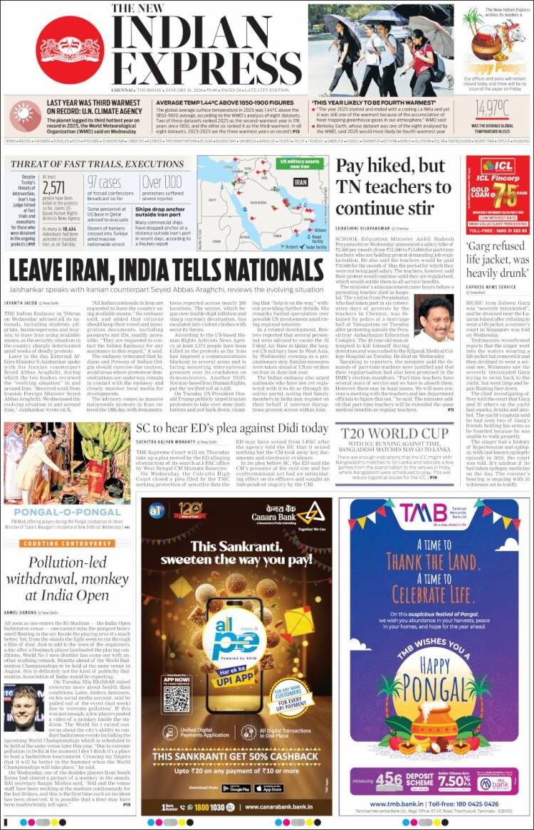 Portada de New Indian Express (India)