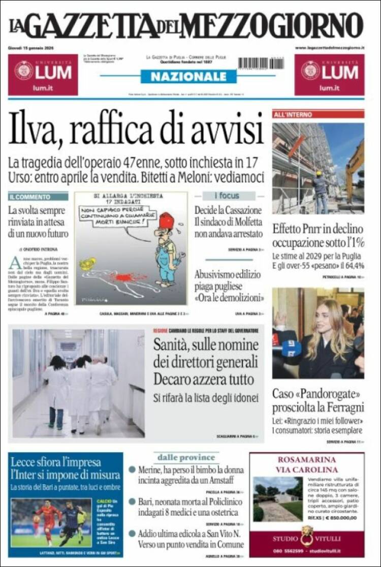 Portada de La Gazzetta del Mezzogiorno (Italia)
