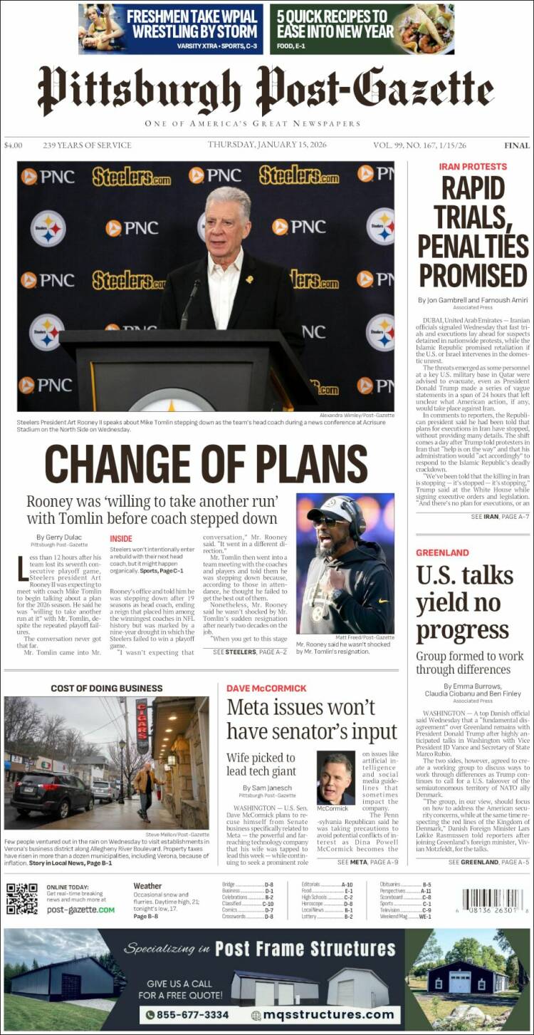 Portada de Pittsburgh Post-Gazette (USA)