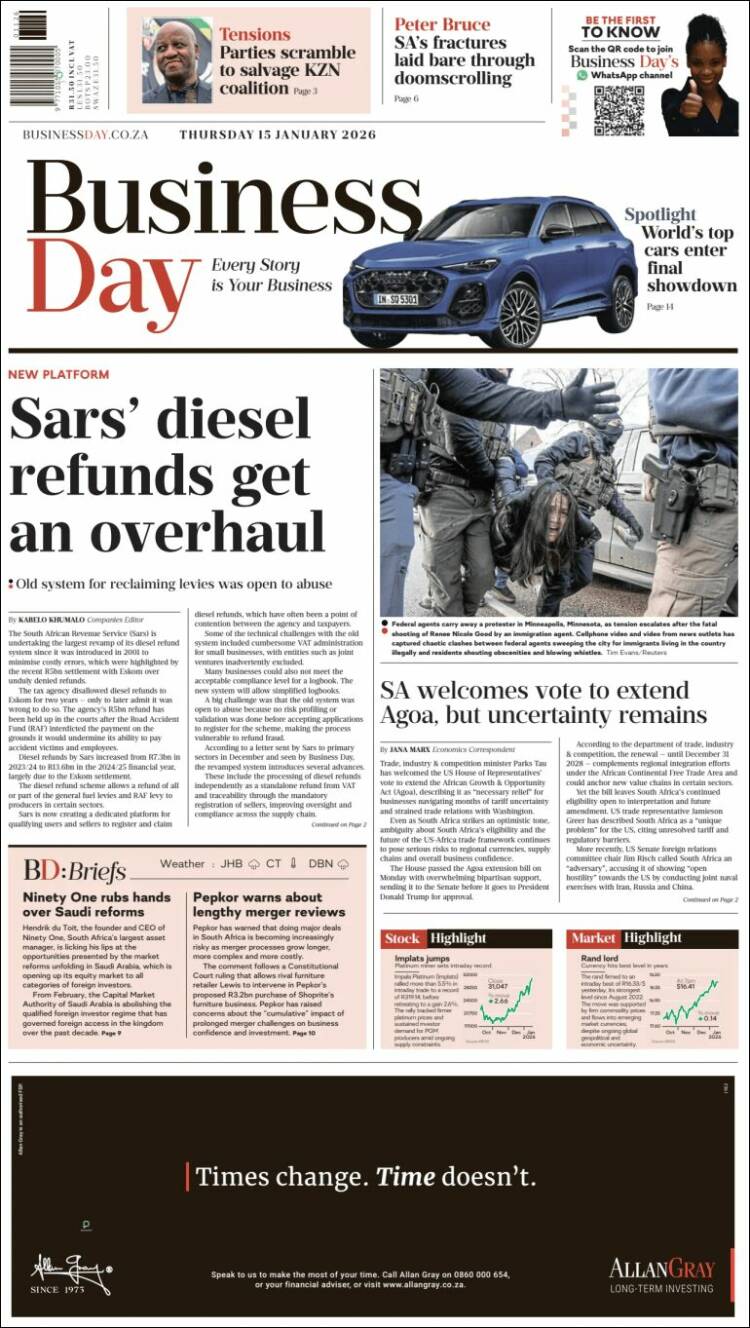 Portada de Business Day (Sud&aacute;frica)