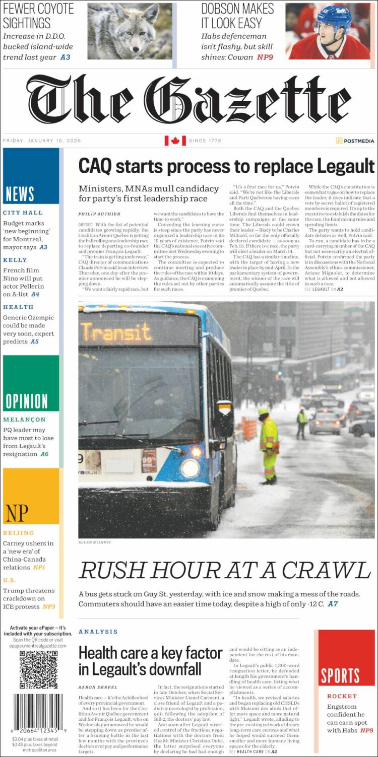 Portada de The Gazette (Canad&aacute;)