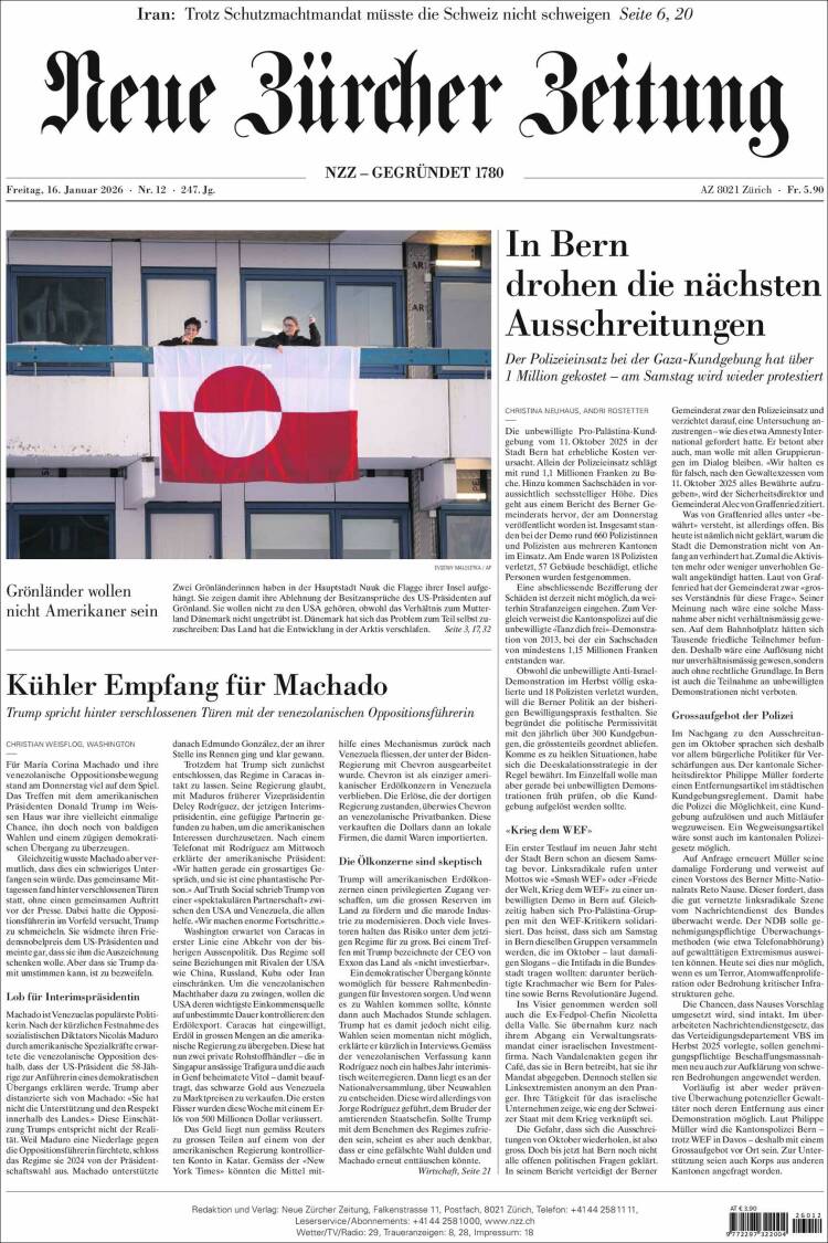 Portada de Neue Zürcher Zeitung (Suiza)