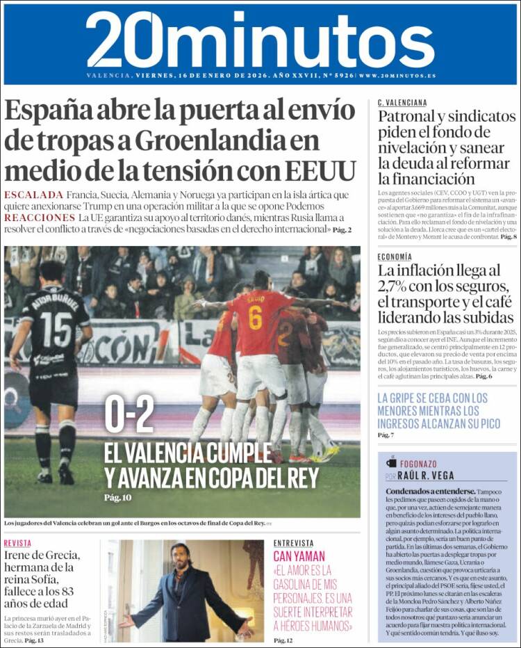 Portada de 20 Minutos - Valencia (Espa&ntilde;a)