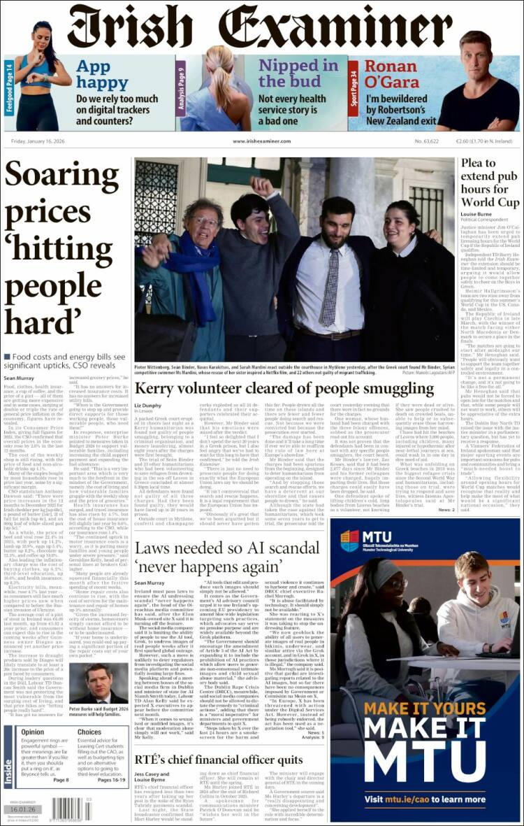 Portada de Irish Examiner (Irlanda)