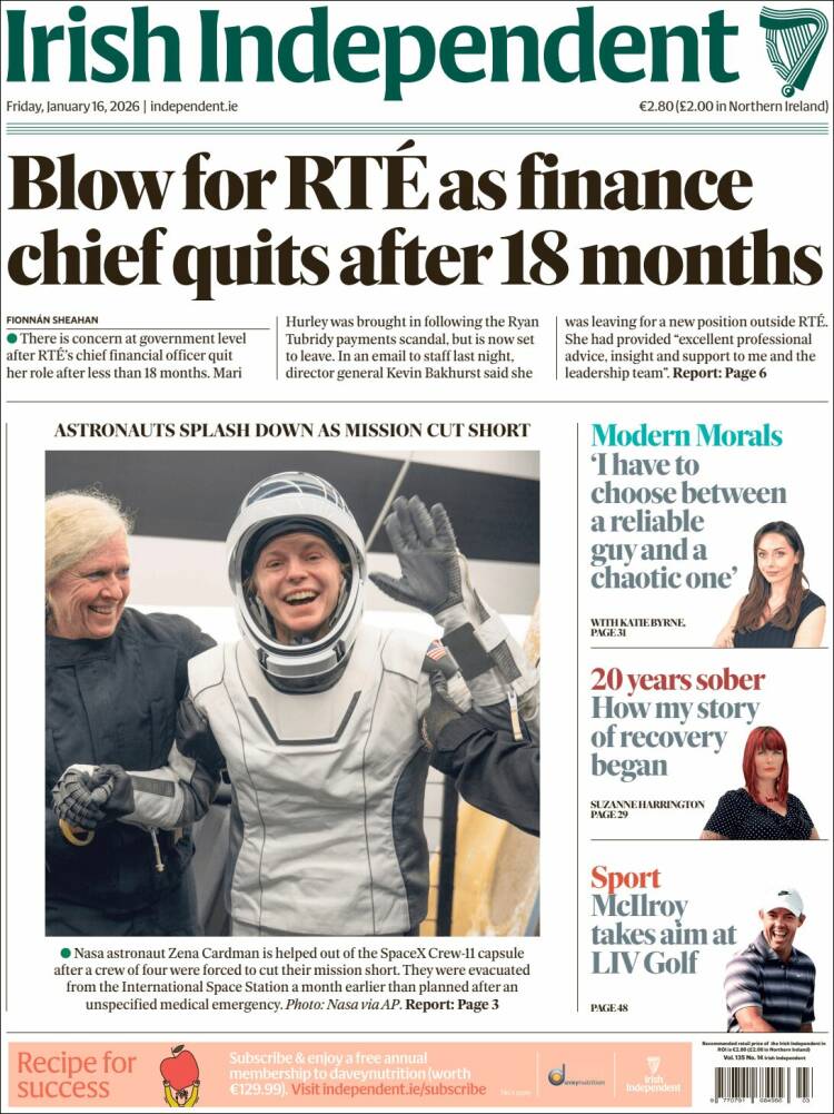 Portada de Irish Independent (Irlanda)