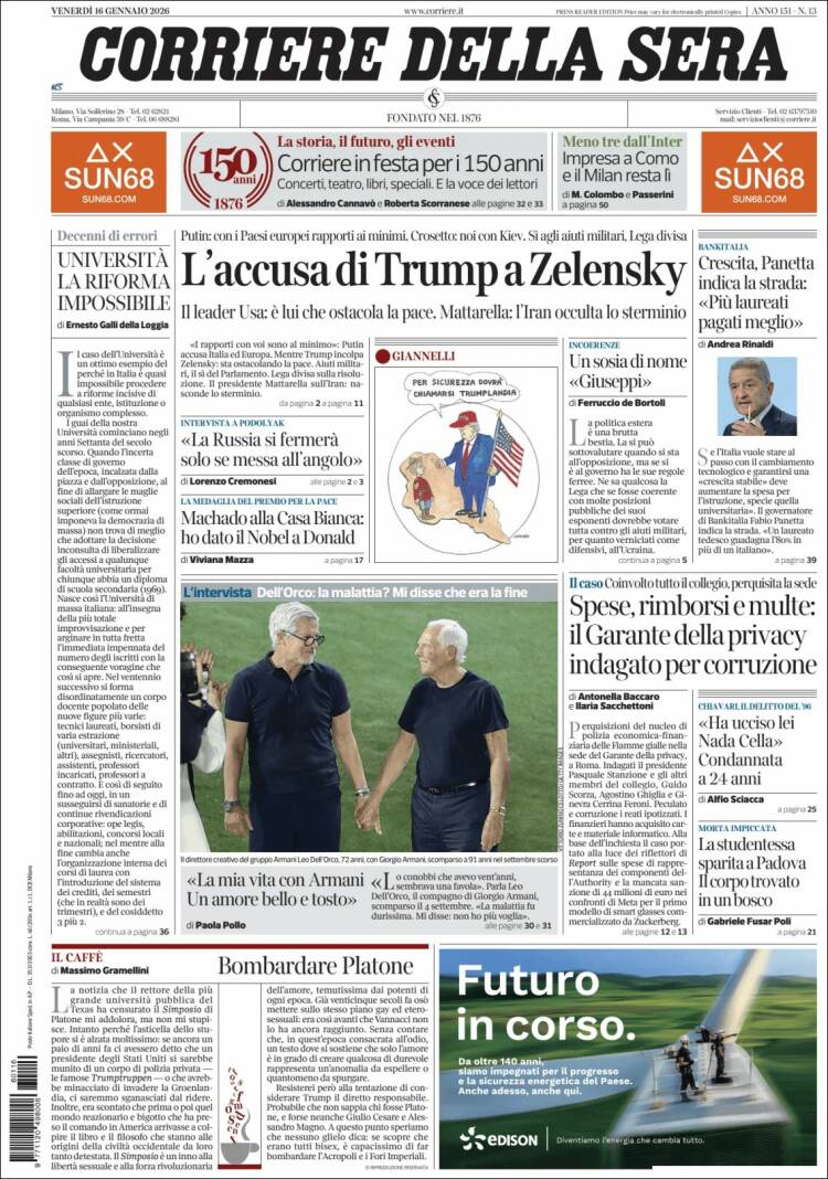 Portada de Corriere della Sera (Italia)