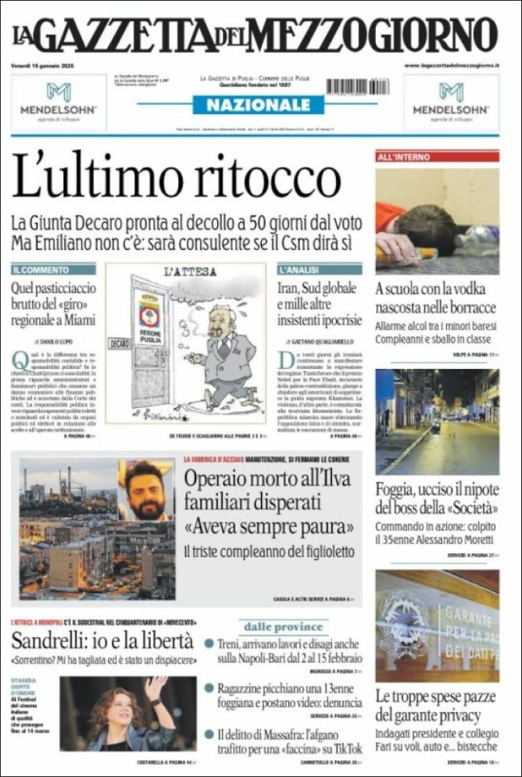 Portada de La Gazzetta del Mezzogiorno (Italia)