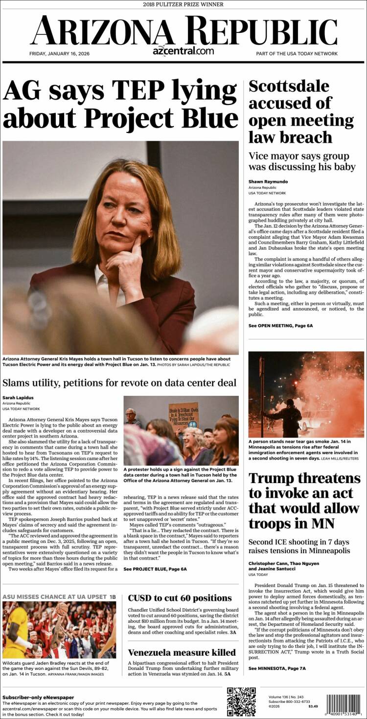 Portada de Arizona Republic News (USA)