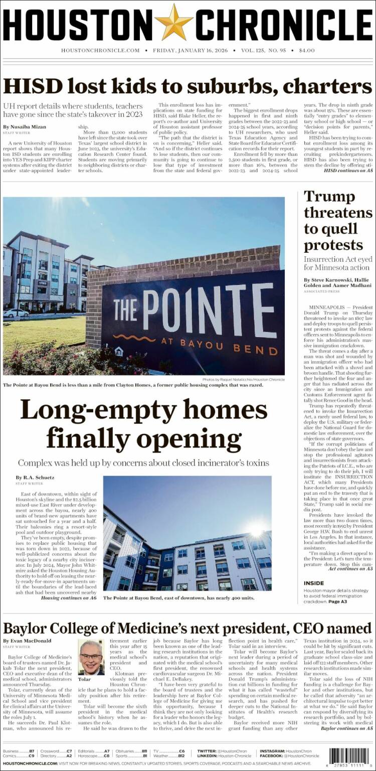 Portada de Houston Chronicle (USA)