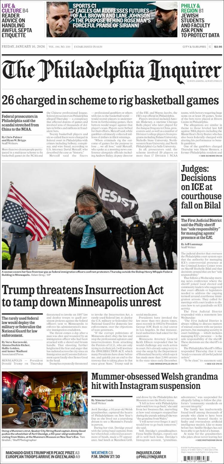 Portada de Philadelphia Inquirer (USA)