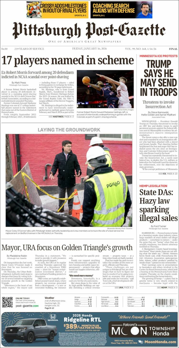 Portada de Pittsburgh Post-Gazette (USA)