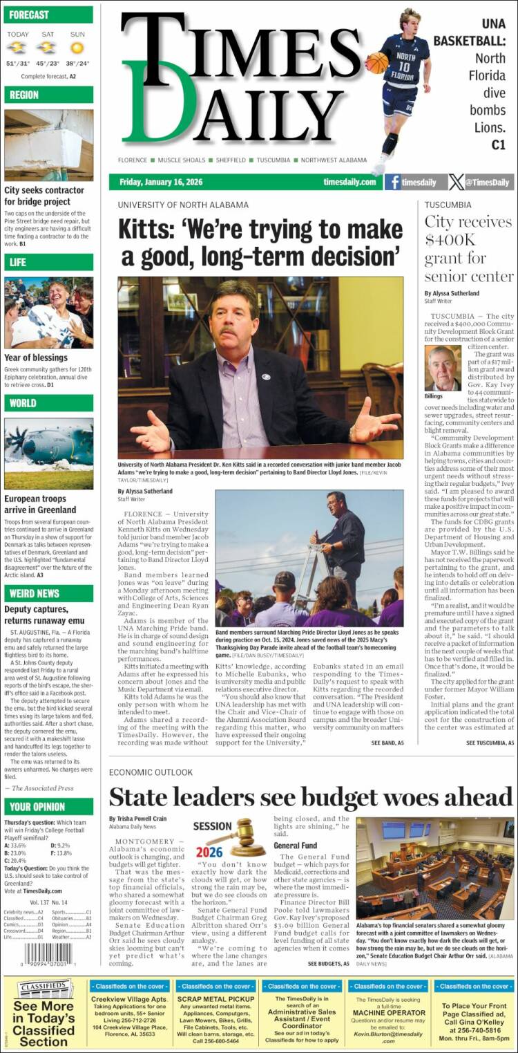 Portada de Times Daily (USA)