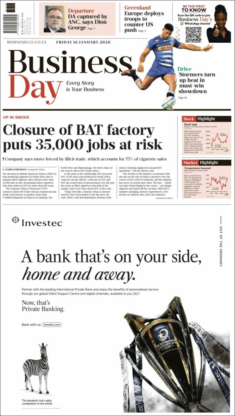 Portada de Business Day (Sud&aacute;frica)
