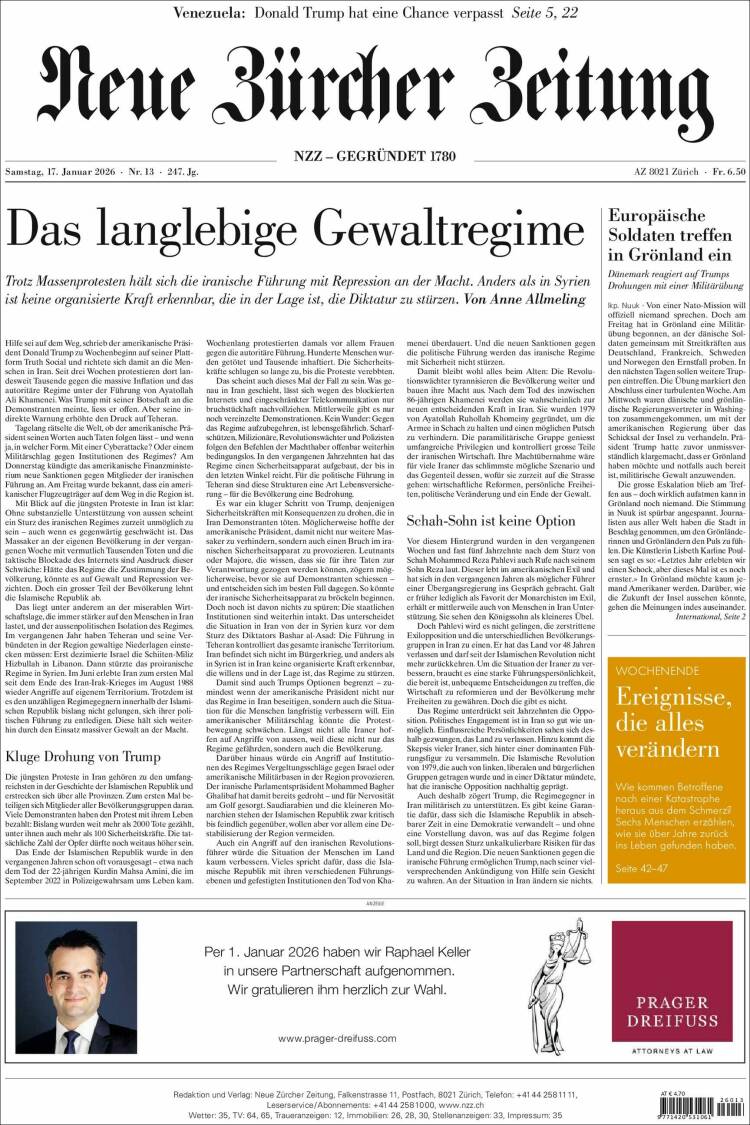 Portada de Neue Zürcher Zeitung (Suiza)