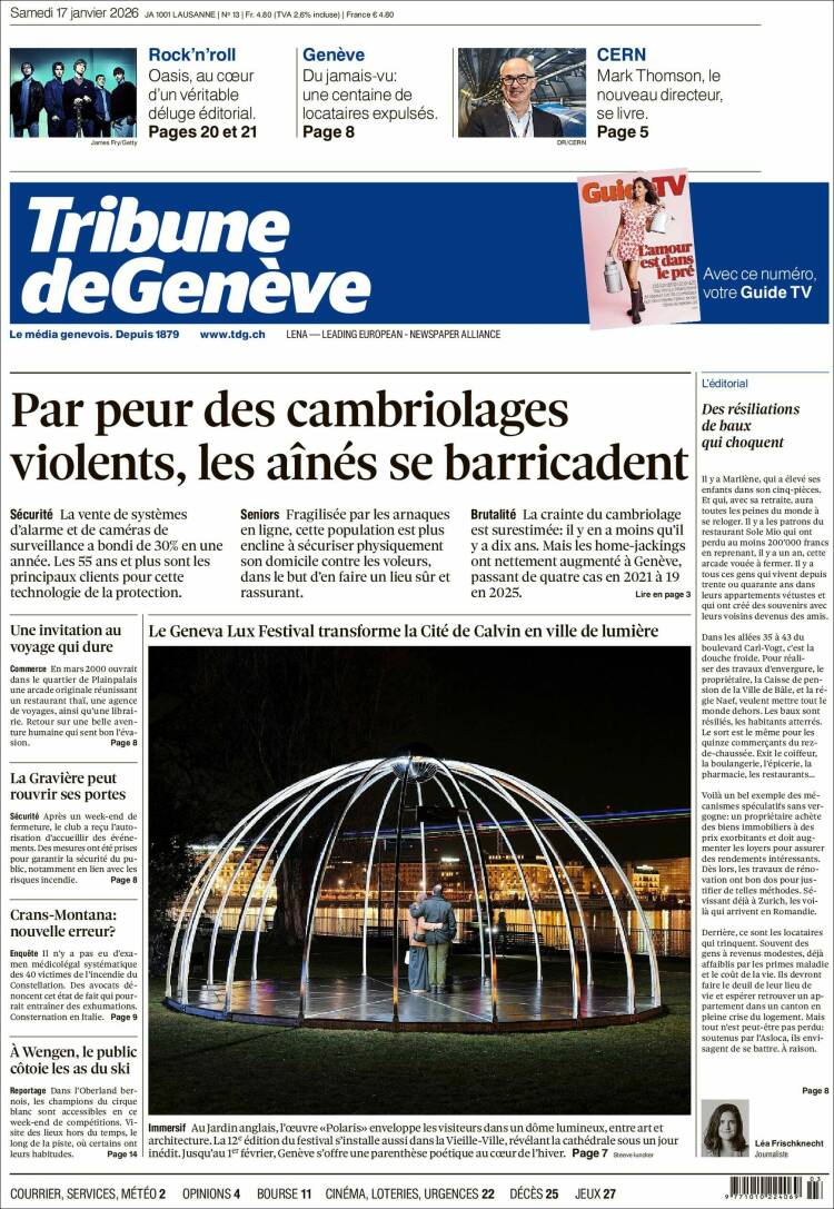 Portada de La Tribune de Genève (Suiza)