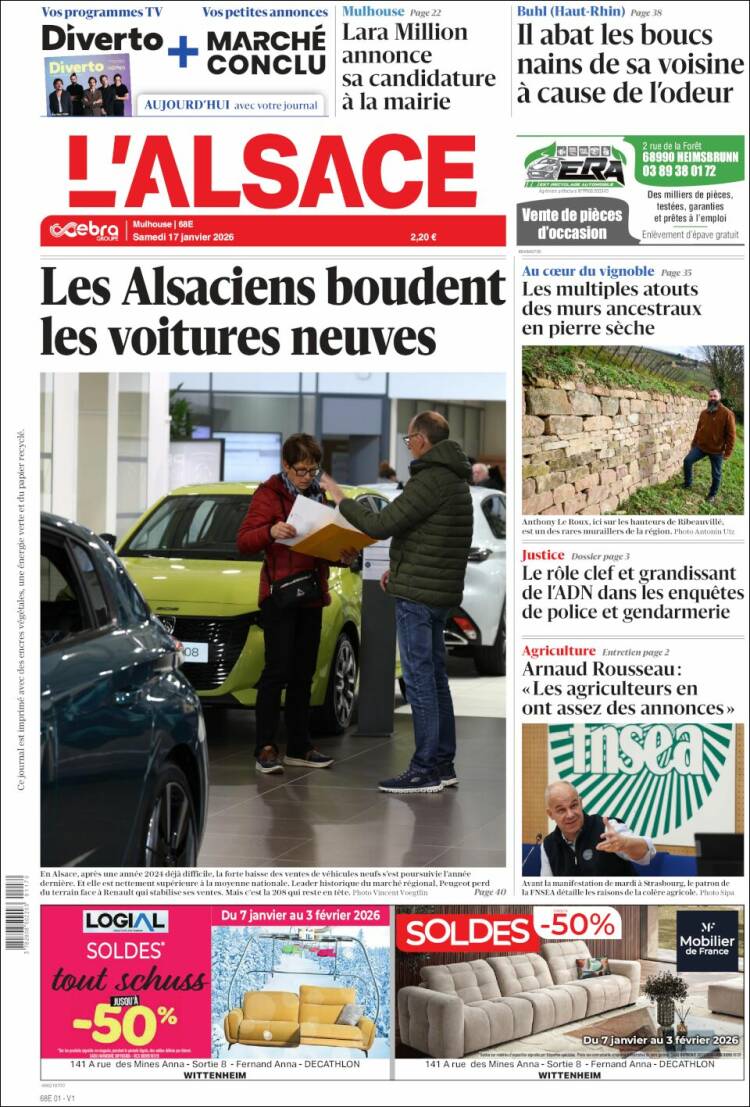 Portada de Journal L'Alsace (Francia)