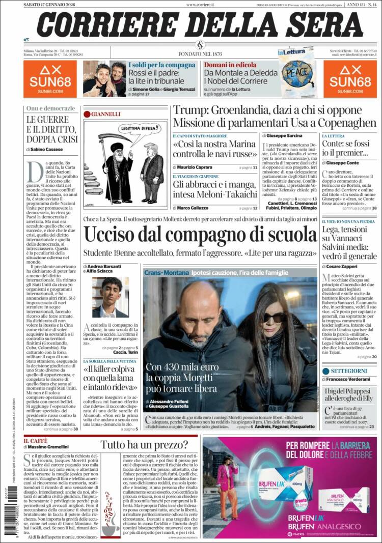 Portada de Corriere della Sera (Italia)