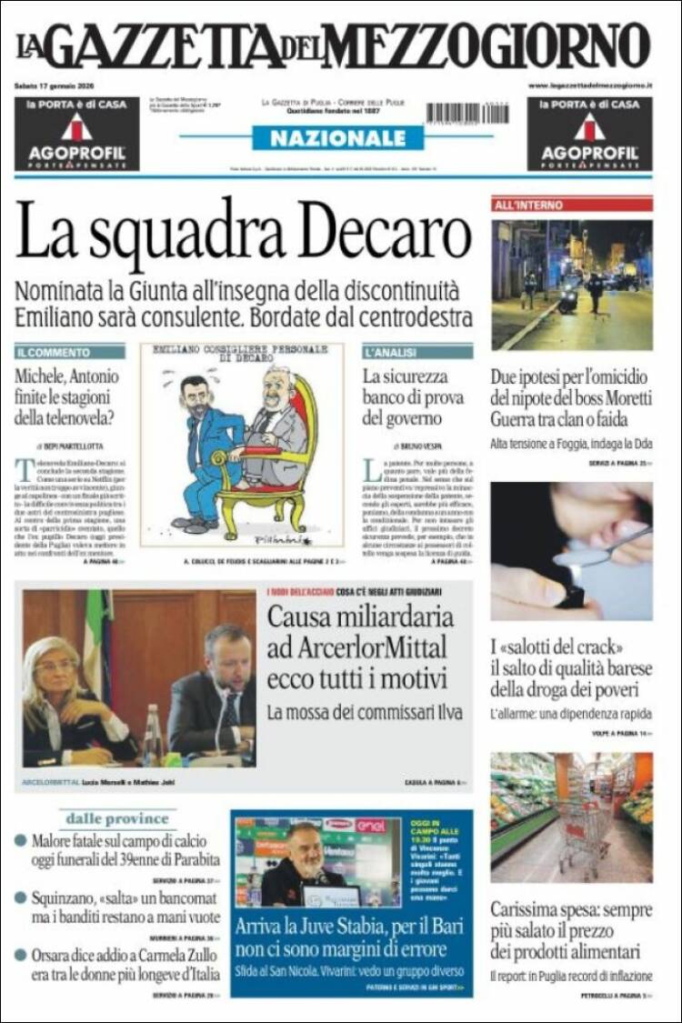 Portada de La Gazzetta del Mezzogiorno (Italia)