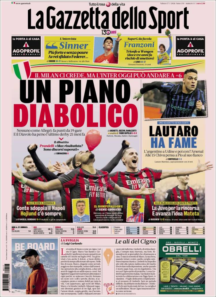 Portada de La Gazzetta dello Sport (Italia)