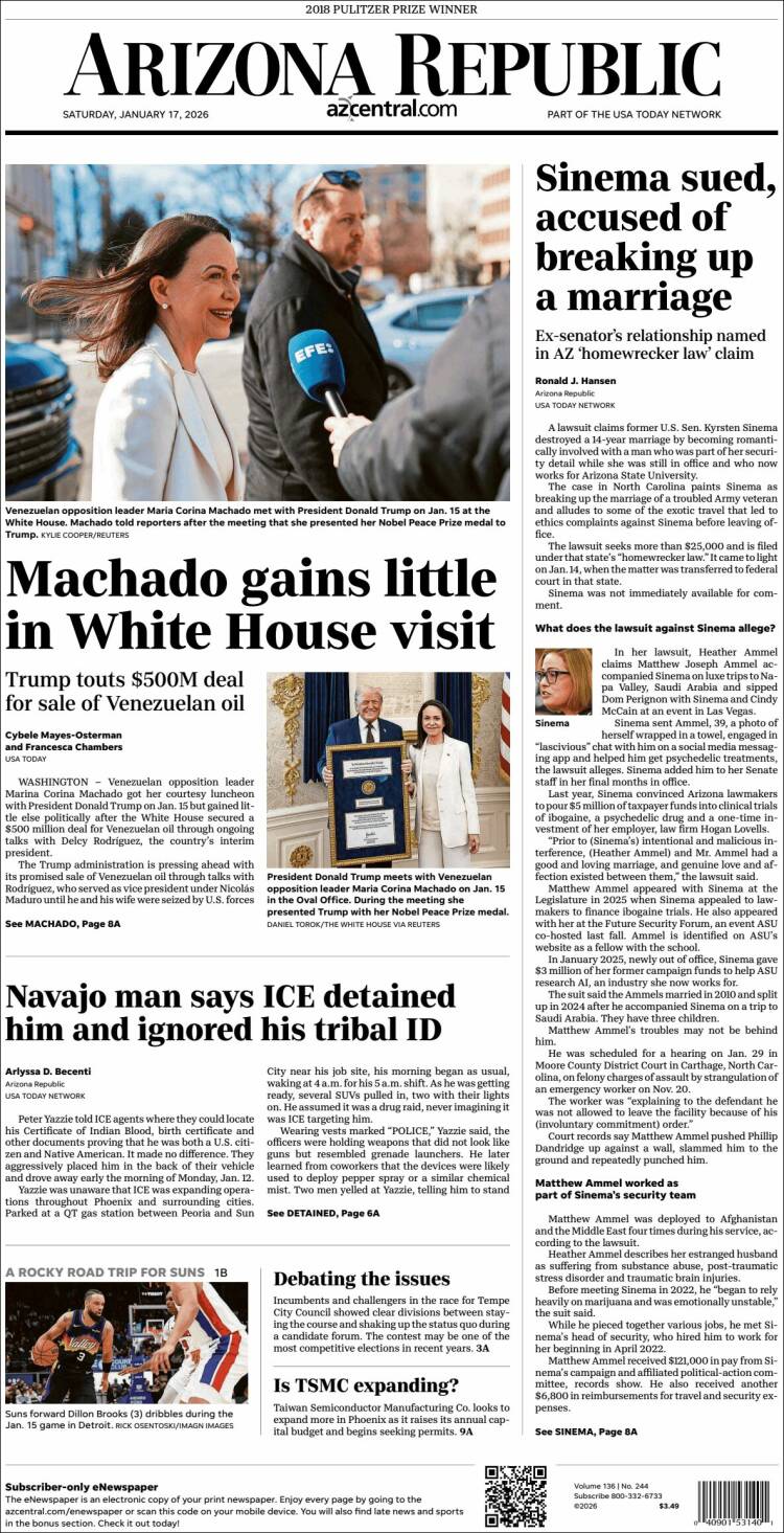 Portada de Arizona Republic News (USA)