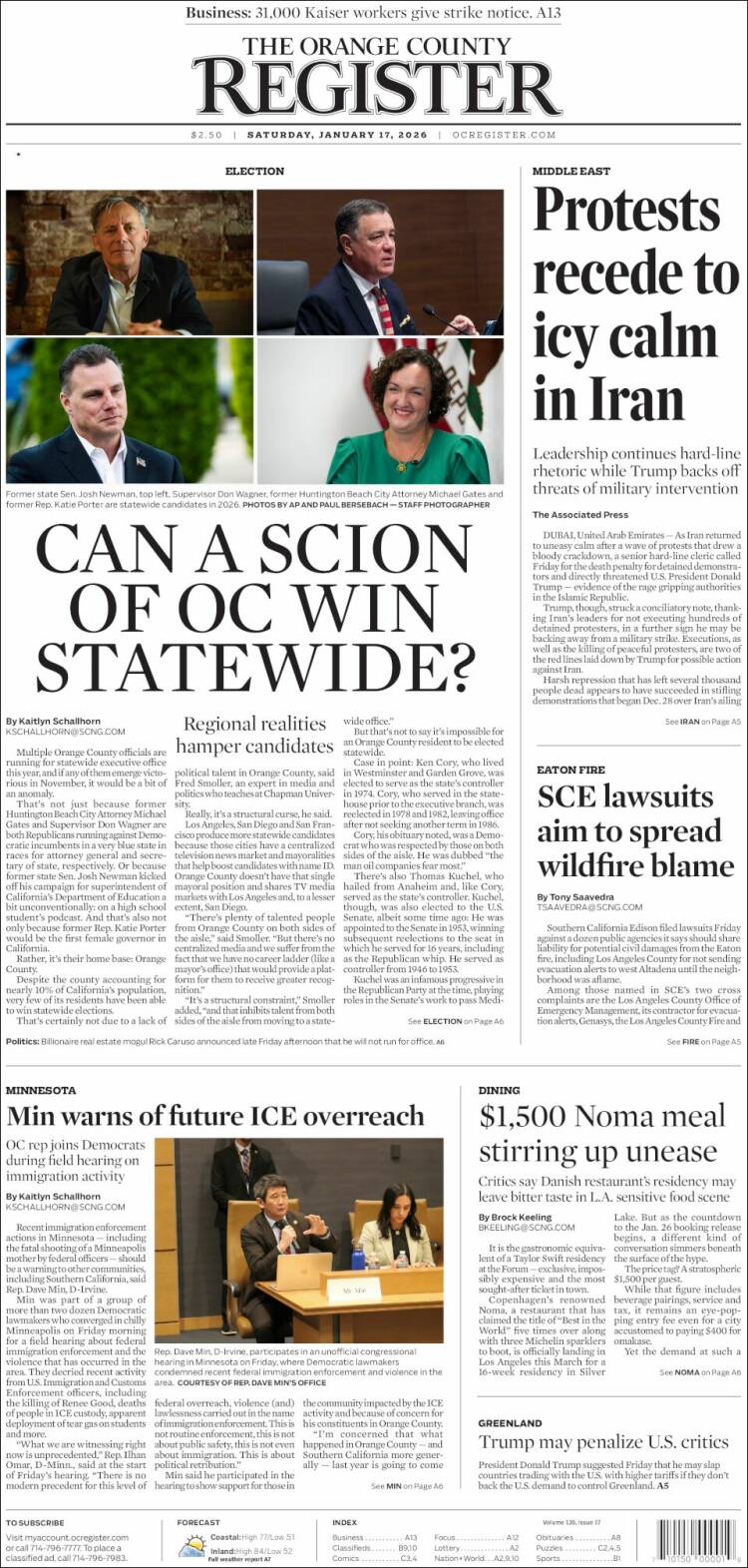 Portada de The Orange County Register (USA)