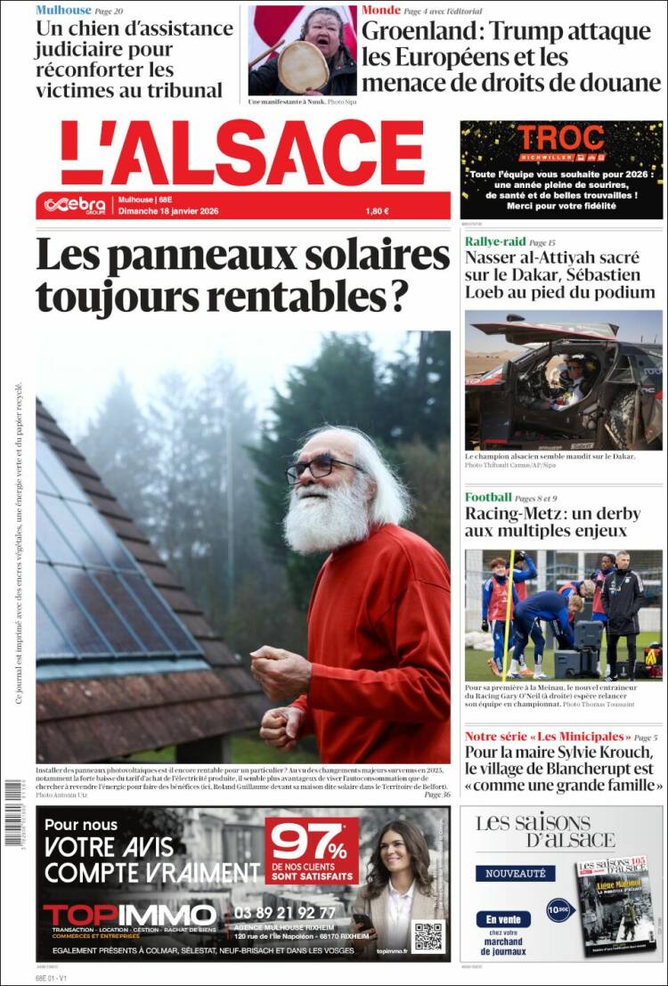 Portada de Journal L'Alsace (Francia)