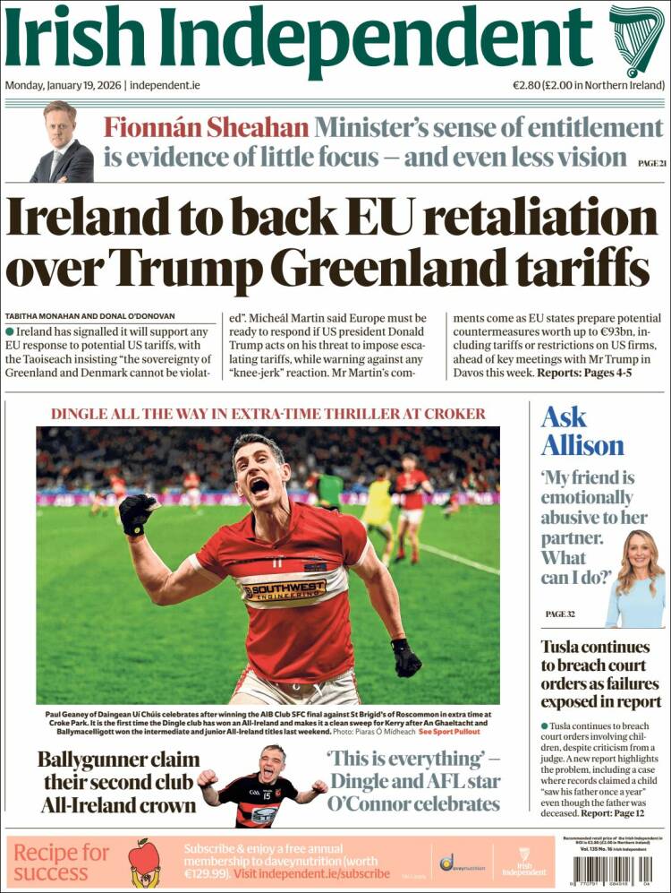 Portada de Irish Independent (Irlanda)