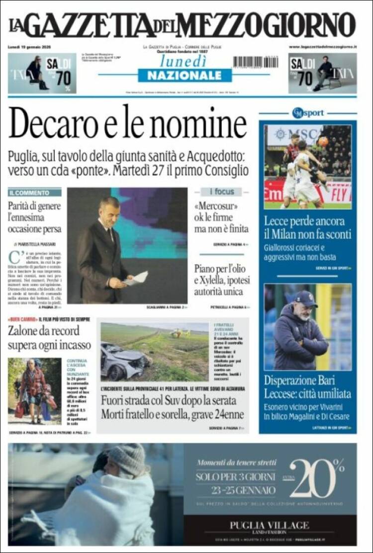 Portada de La Gazzetta del Mezzogiorno (Italia)