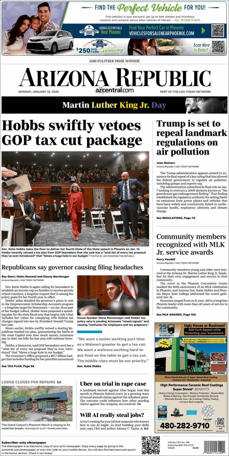 Portada de Arizona Republic News (USA)