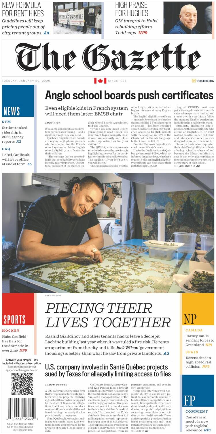 Portada de The Gazette (Canad&aacute;)