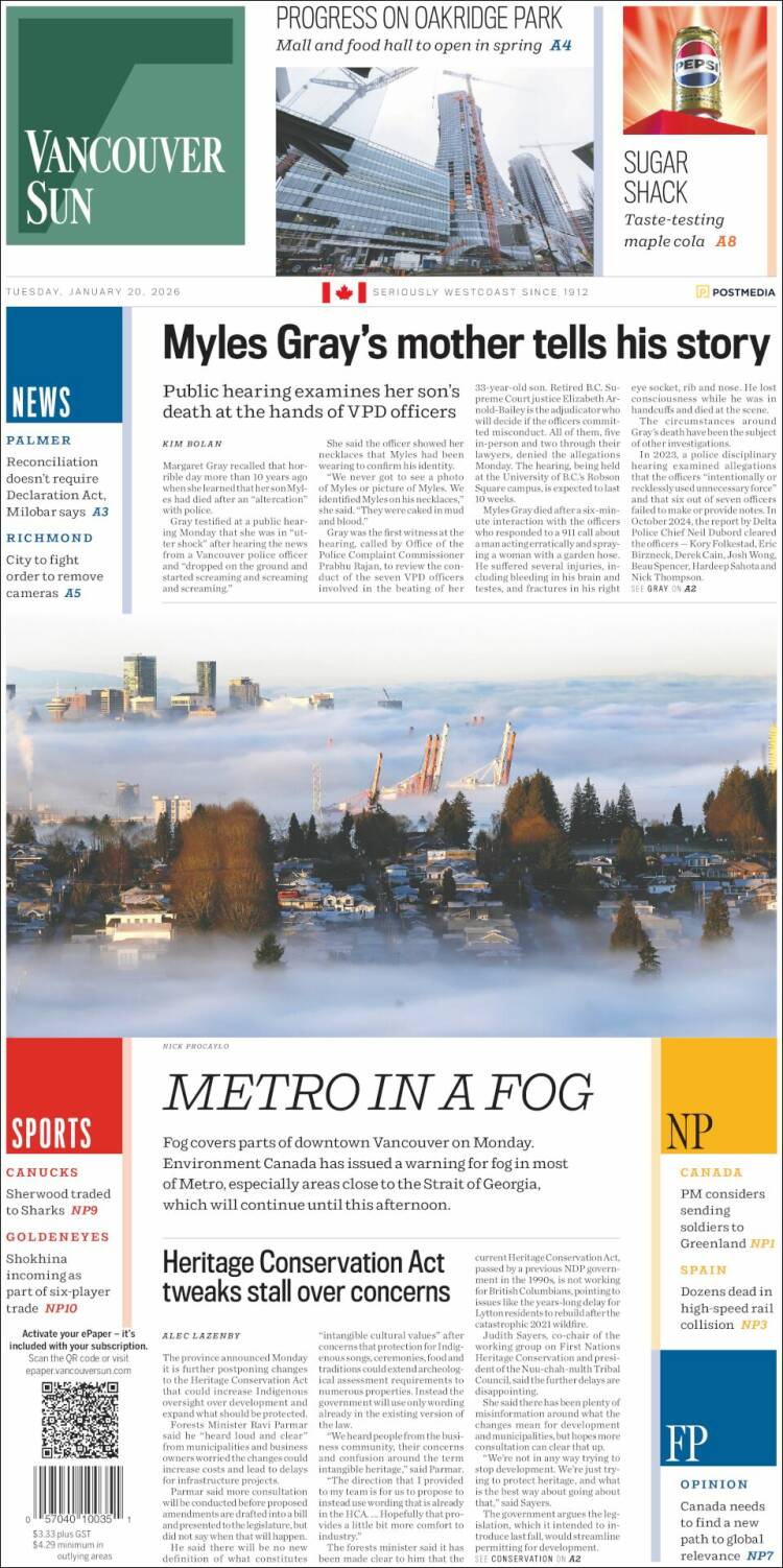 Portada de The Vancouver Sun (Canad&aacute;)