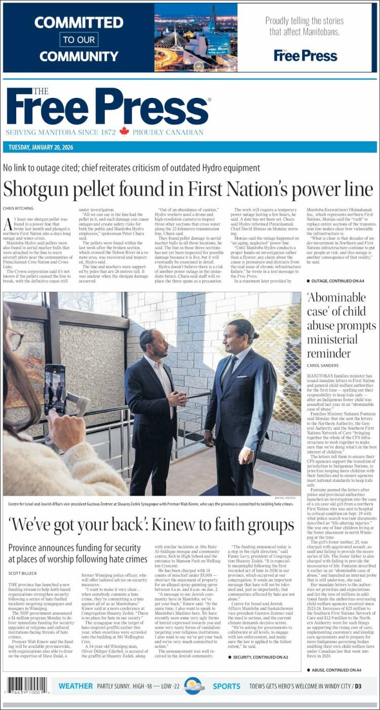 Portada de Winnipeg Free Press (Canad&aacute;)
