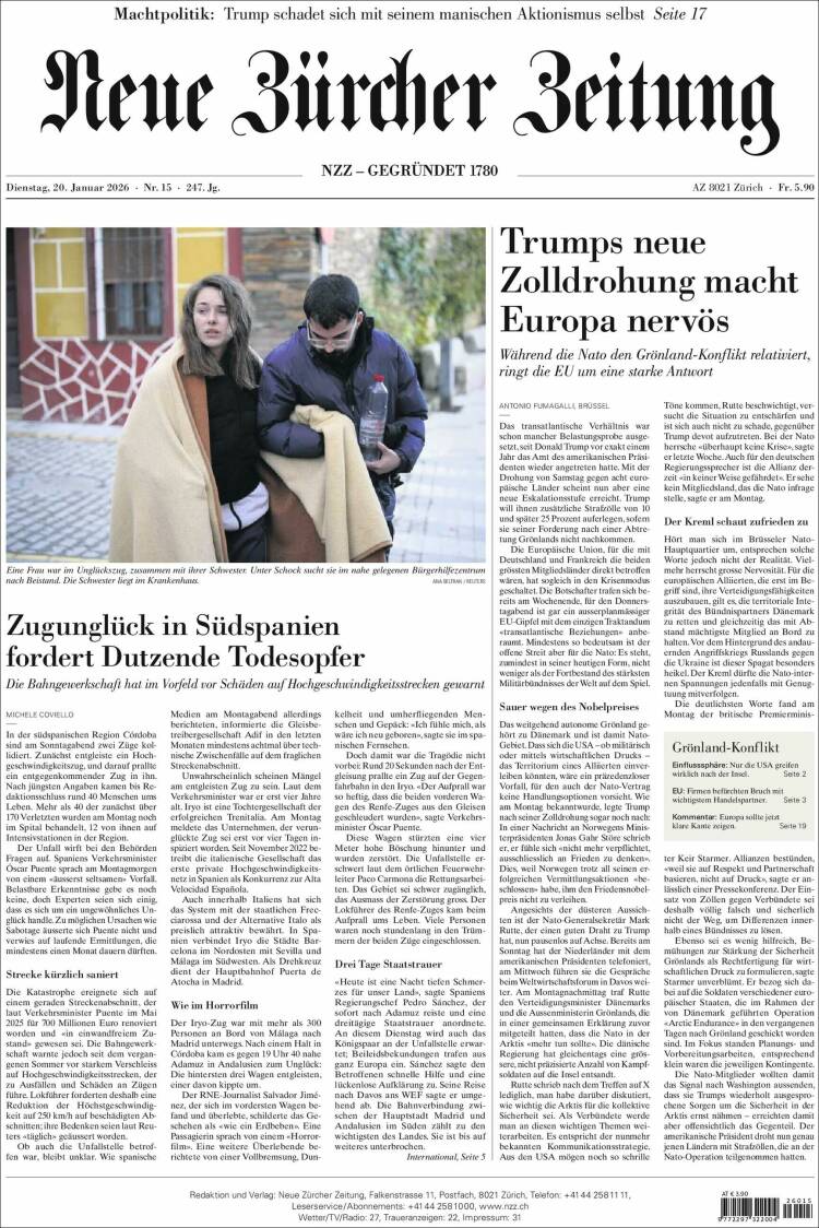 Portada de Neue Zürcher Zeitung (Suiza)