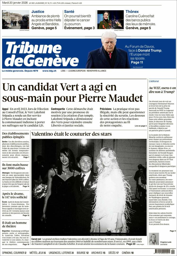 Portada de La Tribune de Genève (Suiza)
