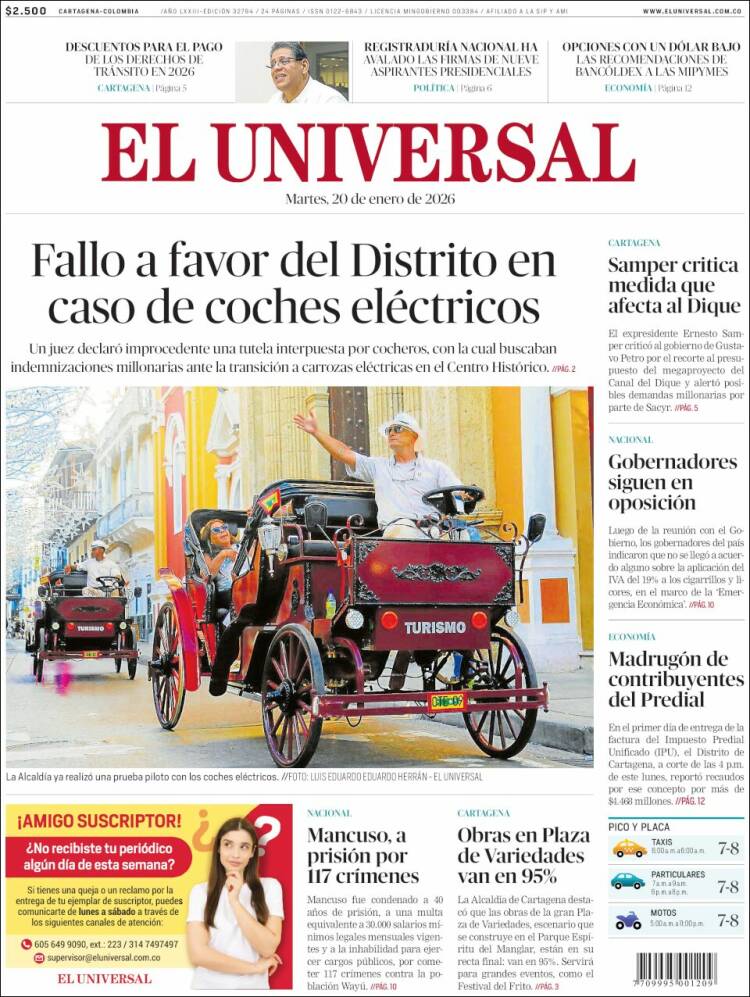 Portada de El Universal (Colombia)