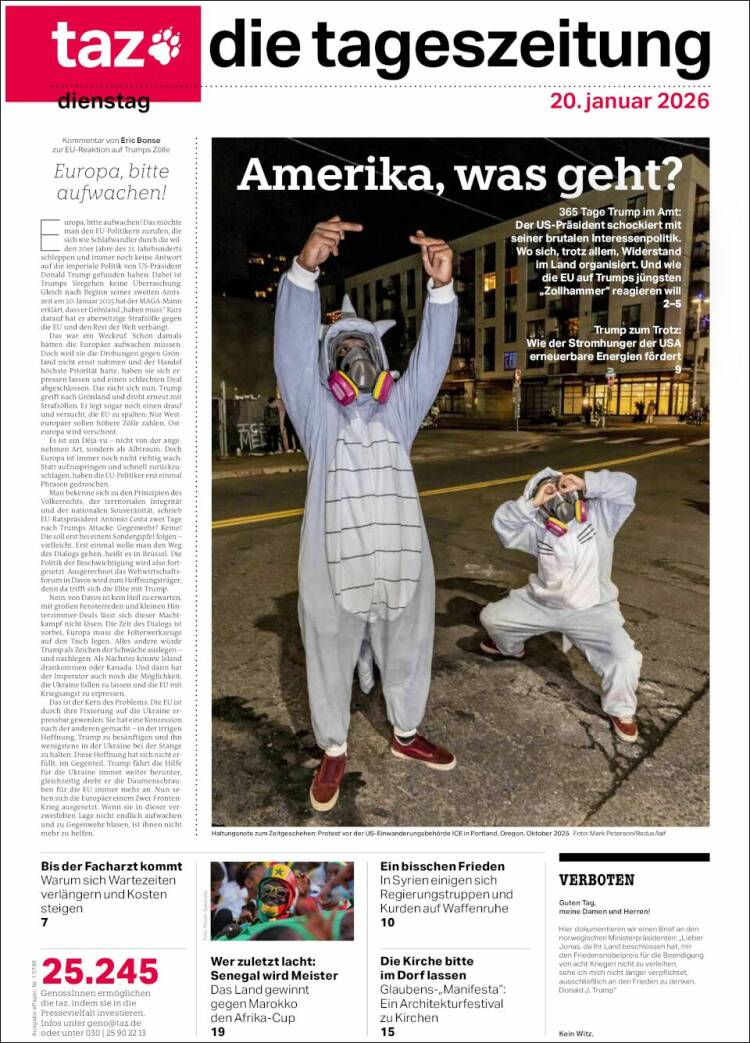 Portada de Die Tageszeitung (Alemania)