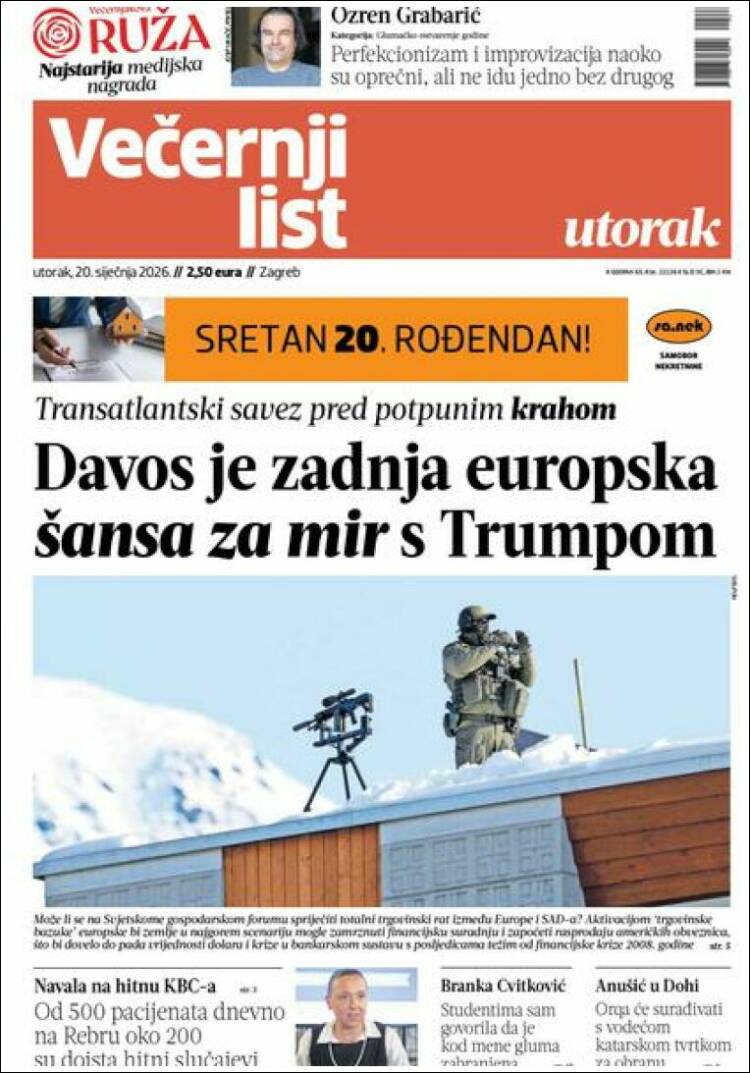 Portada de Večernji (Croacia)