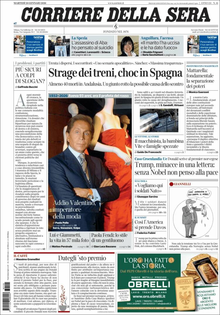 Portada de Corriere della Sera (Italia)