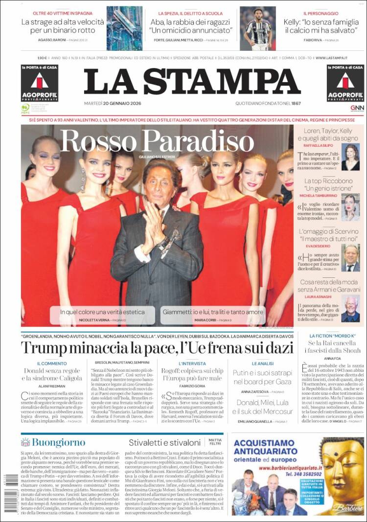 Portada de La Stampa (Italia)