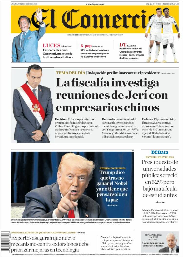 Portada de El Comercio (Per&uacute;)