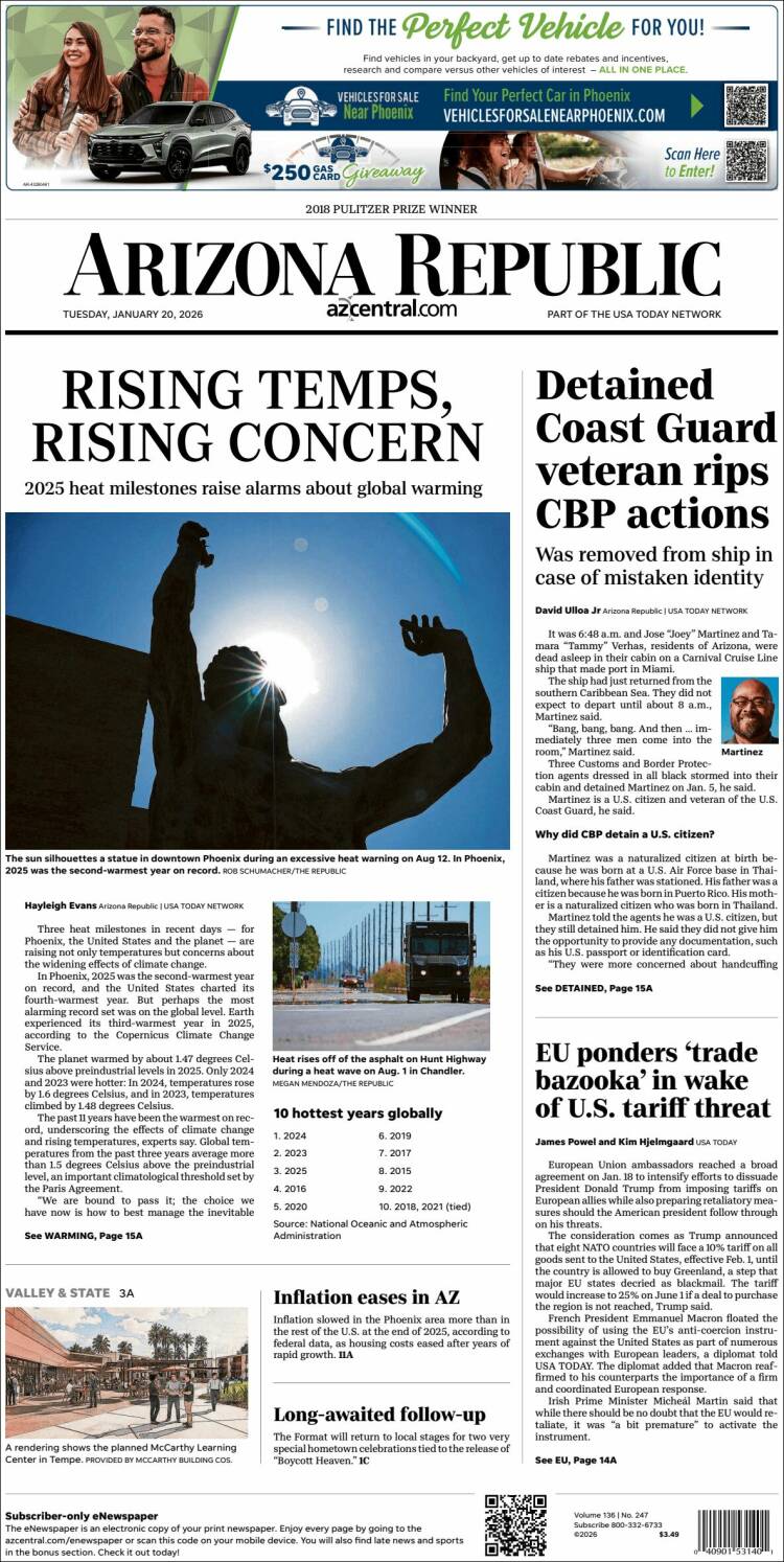 Portada de Arizona Republic News (USA)