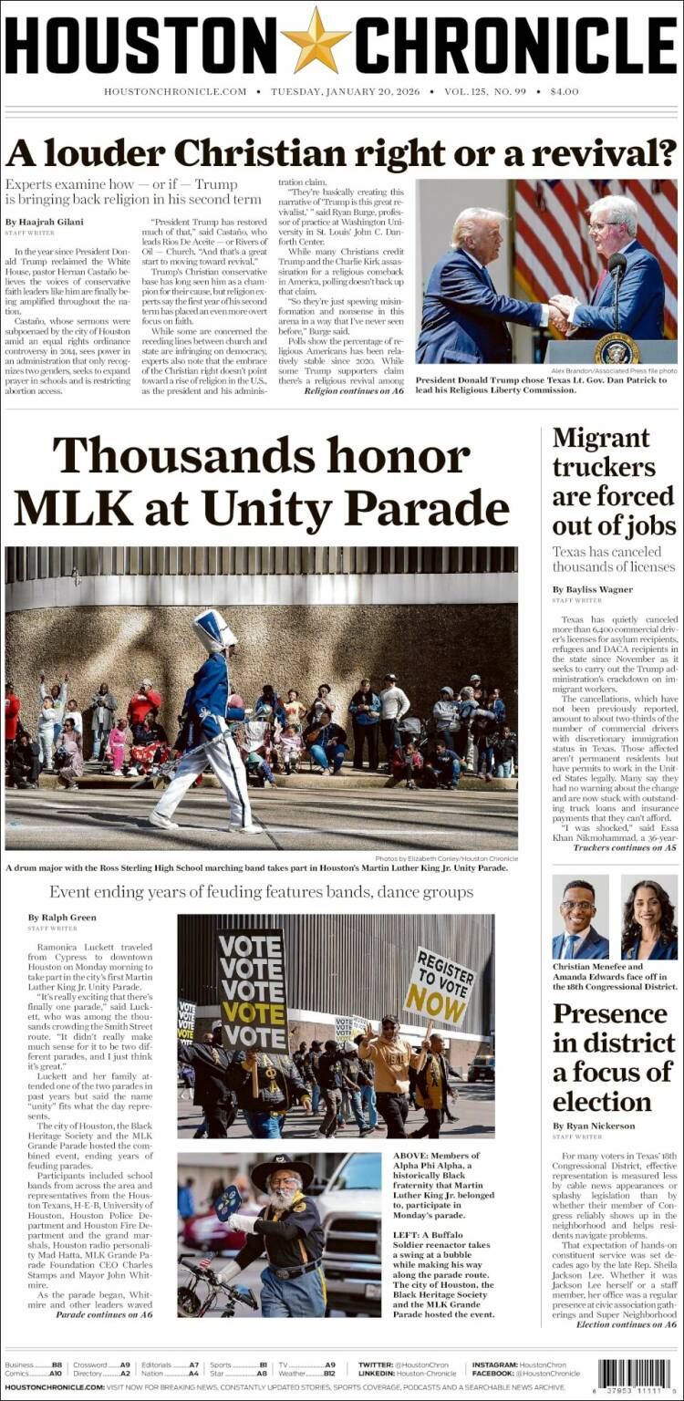 Portada de Houston Chronicle (USA)