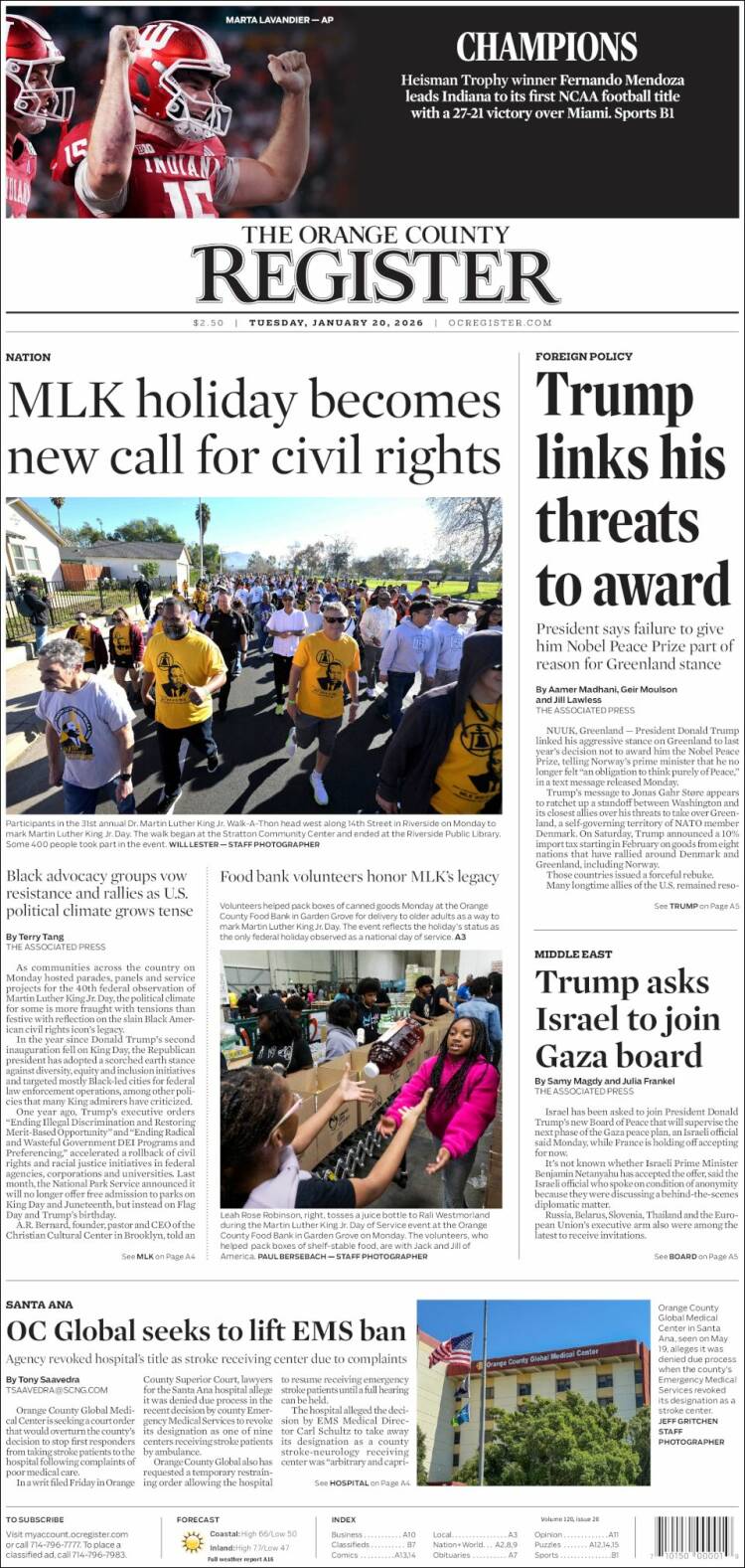 Portada de The Orange County Register (USA)