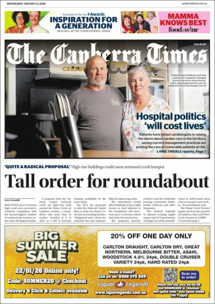 Portada de The Canberra Times (Australia)